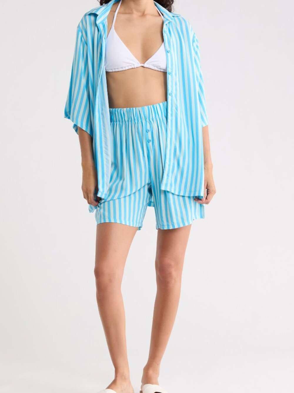 NWT ABOUND Cover-Up Shirt & Shorts Set Green Blue Botanical Stripe XL